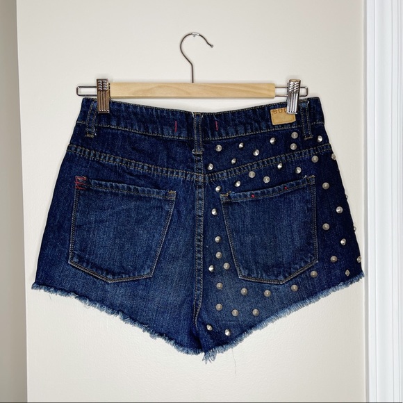 BDG High Rise Cheeky Distressed Dark Washed Denim Shorts - Picture 5 of 7